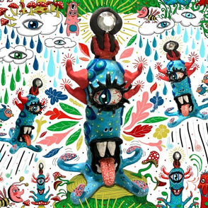 blue monster mayhem whimsical fantasy wonderland, large scale, red pink green yellow