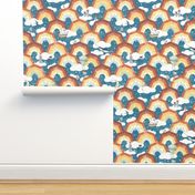 Rainbow Whimsical Wonderland Nursery repeat pattern kids wallpaper, gender neural baby, hot air balloon, clouds, adventure, moon, pirate ship, nautical, narwhal, home decor