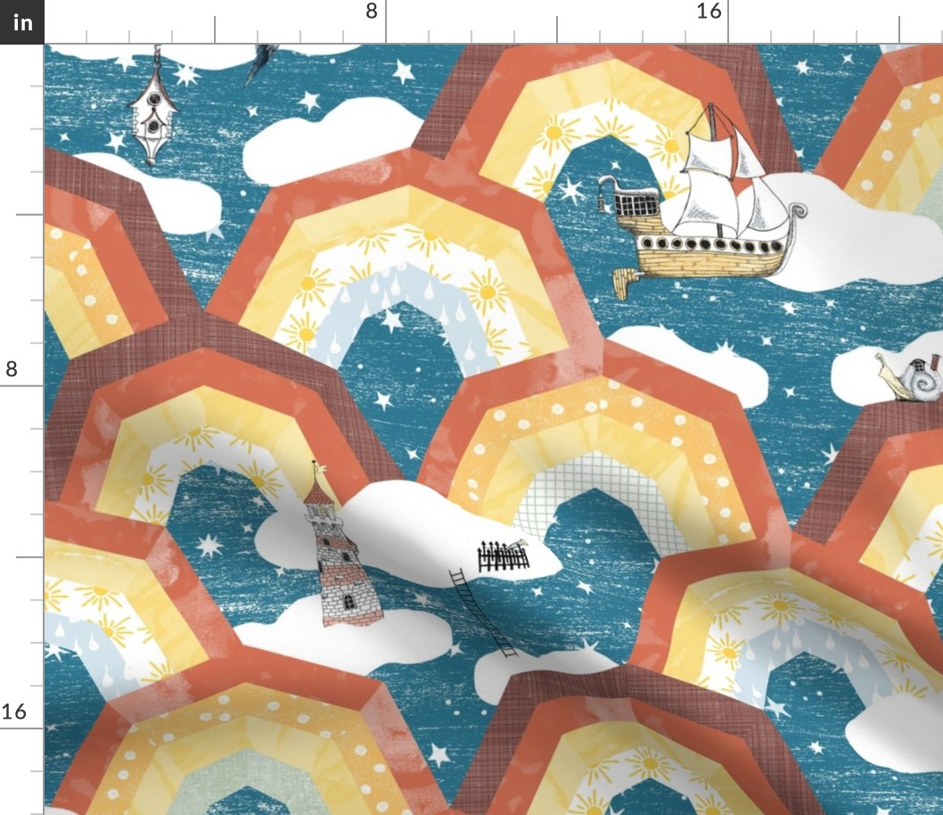 Rainbow Whimsical Wonderland Nursery repeat pattern kids wallpaper, gender neural baby, hot air balloon, clouds, adventure, moon, pirate ship, nautical, narwhal, home decor