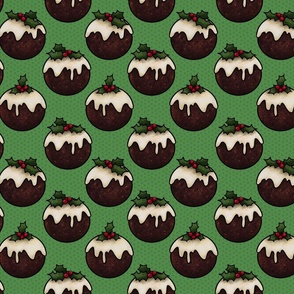 Christmas pudding feast on green, holly and berries