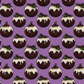 Christmas pudding feast on purple, holly and berries