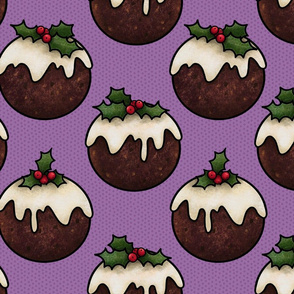 Christmas pudding feast on purple, holly and berries, large