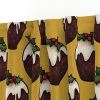 Christmas pudding feast on yellow, holly and berries, large