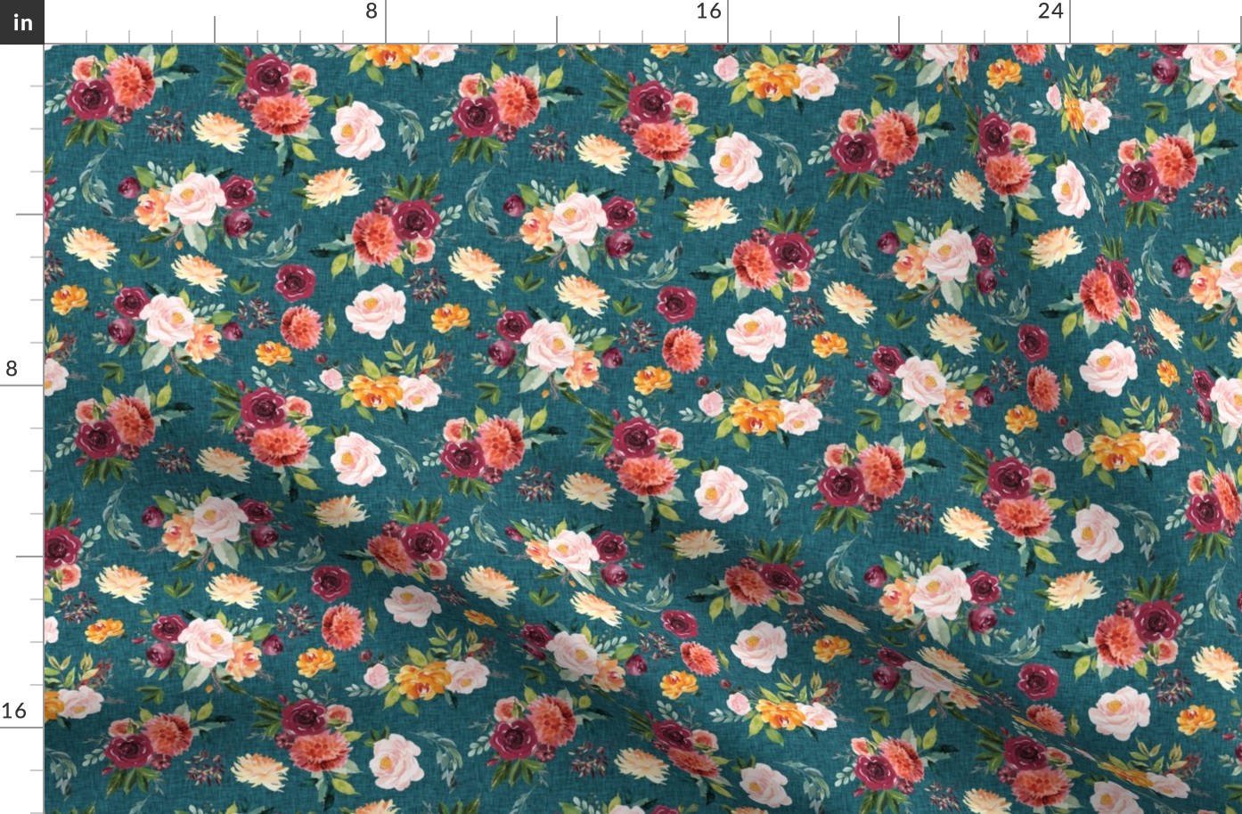 teal linen paprika floral - small scale