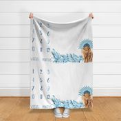 54"x36" highland cow with blue feathers milestone blanket