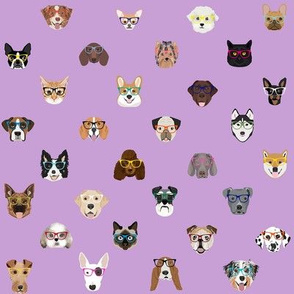 dogs and cats glasses fabric - dog glasses, cat glasses, pet faces glasses, cute dogs - lavender