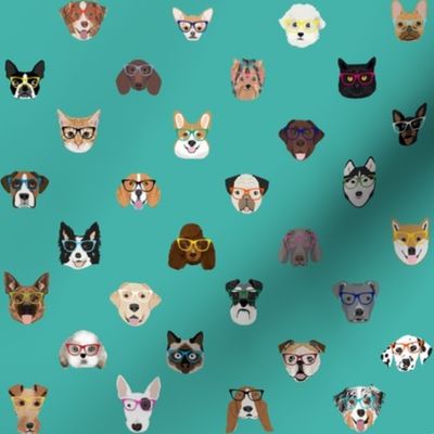 dogs and cats glasses fabric - dog glasses, cat glasses, pet faces glasses, cute dogs - teal