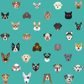 dogs and cats glasses fabric - dog glasses, cat glasses, pet faces glasses, cute dogs - teal