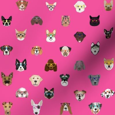 dogs and cats glasses fabric - dog glasses, cat glasses, pet faces glasses, cute dogs - pink