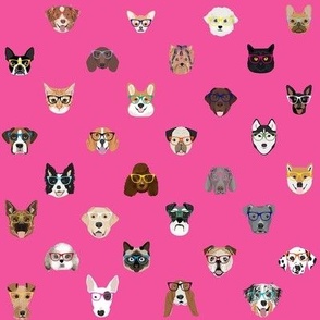 dogs and cats glasses fabric - dog glasses, cat glasses, pet faces glasses, cute dogs - pink