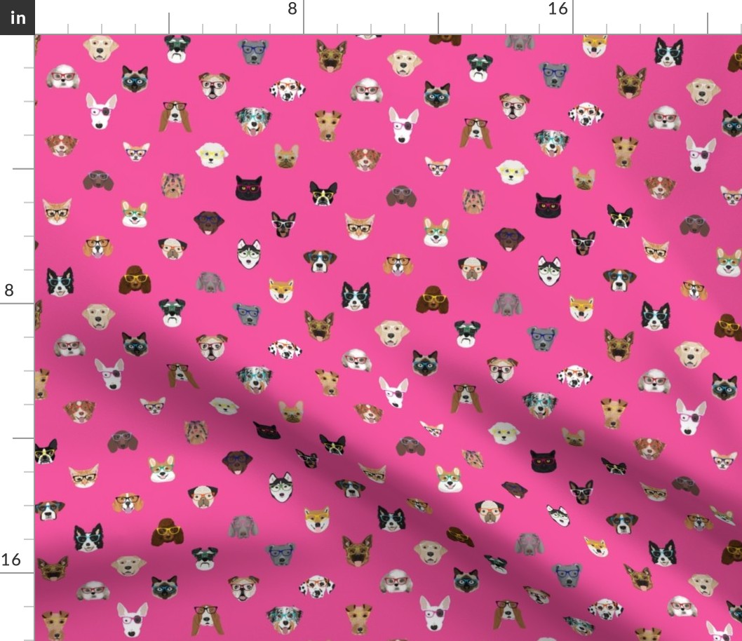 dogs and cats glasses fabric - dog glasses, cat glasses, pet faces glasses, cute dogs - pink