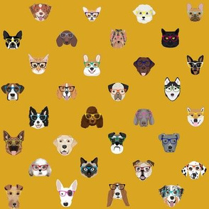 dogs and cats glasses fabric - dog glasses, cat glasses, pet faces glasses, cute dogs -mustard