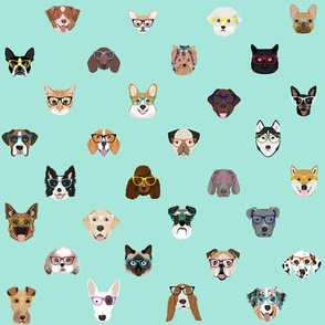 dogs and cats glasses fabric - dog glasses, cat glasses, pet faces glasses, cute dogs - mint