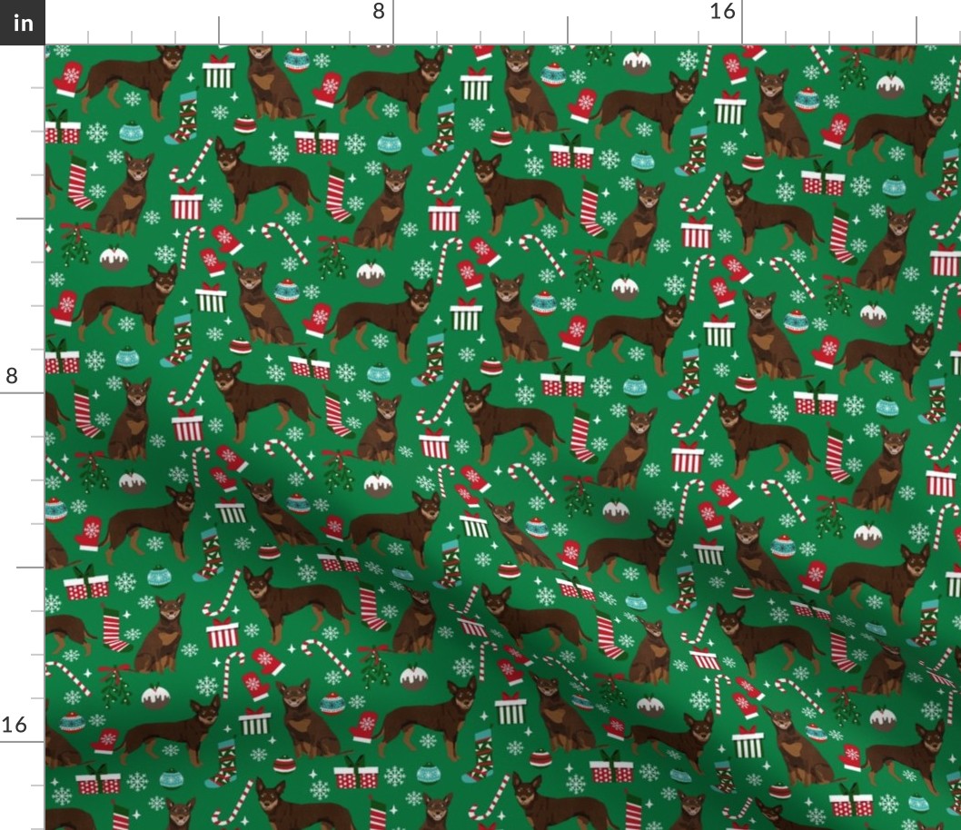 kelpie christmas fabric - dog fabric, australian kelpie fabric, dog breed fabric, dog christmas - green