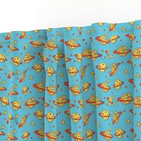 SMALL - pizza planet fabric - pizza planet, pizza fabric, planet fabric, space fabric, cute kids fabric, novelty fabric - andrea lauren - blue