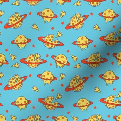 SMALL - pizza planet fabric - pizza planet, pizza fabric, planet fabric, space fabric, cute kids fabric, novelty fabric - andrea lauren - blue