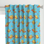 LARGE- pizza planet fabric - pizza planet, pizza fabric, planet fabric, space fabric, cute kids fabric, novelty fabric - andrea lauren - blue