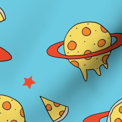 LARGE- pizza planet fabric - pizza planet, pizza fabric, planet fabric, space fabric, cute kids fabric, novelty fabric - andrea lauren - blue