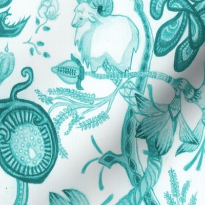 META CHINTZ 50s Retro Turquoise on White