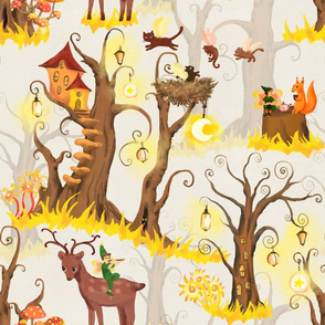 Fairy forest with magic animals, elfs, lanterns. Childish design