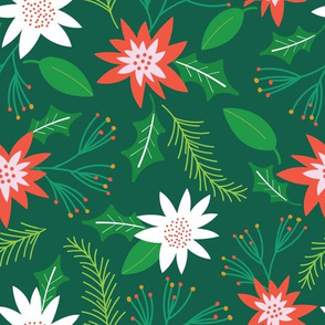 Red and White Poinsettias on Forest Green