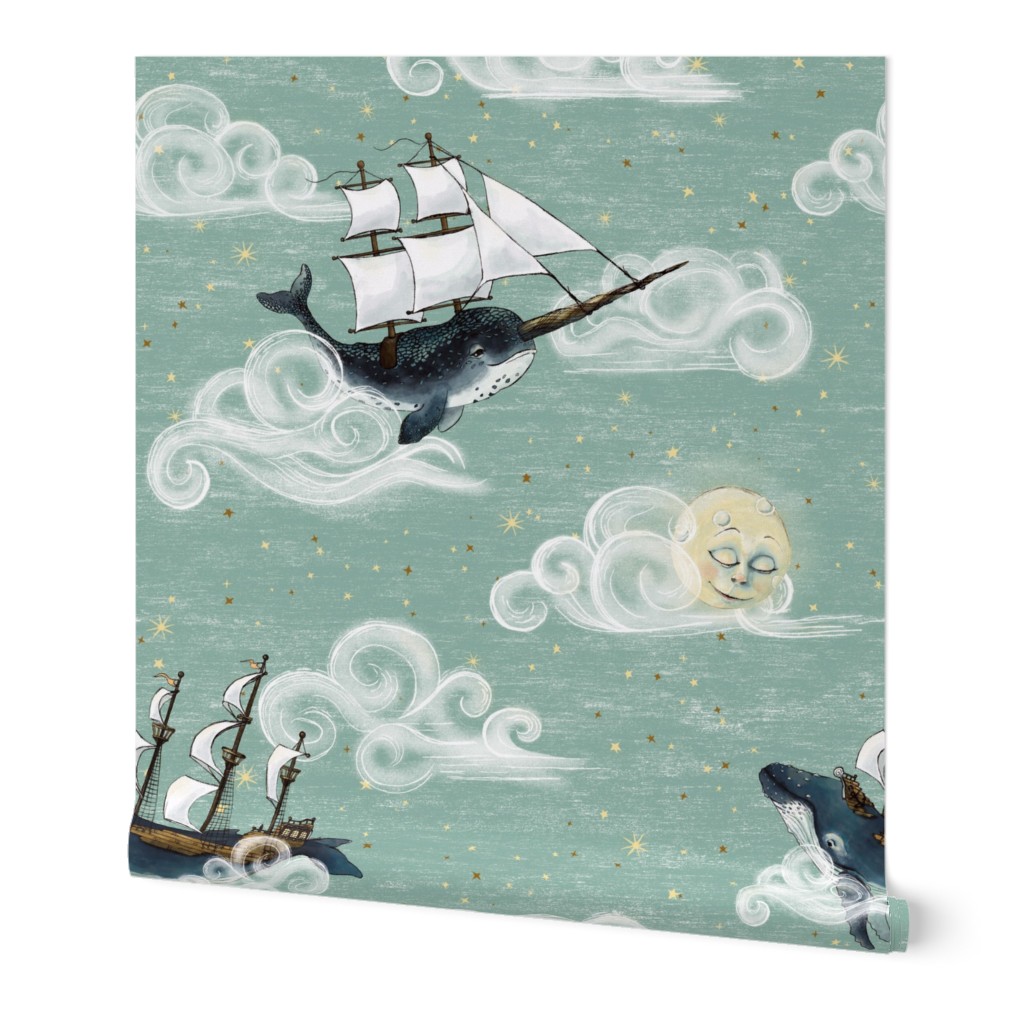 Large scale 12 inch Whales and Narwhal Whimsical Sky Wonderland, Under the Sea, nursery wallpaper,  baby boy, peacful gender neutral baby nursery nautical