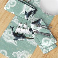 Large scale 12 inch Whales and Narwhal Whimsical Sky Wonderland, Under the Sea, nursery wallpaper,  baby boy, peacful gender neutral baby nursery nautical