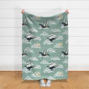 Large scale 12 inch Whales and Narwhal Whimsical Sky Wonderland, Under the Sea, nursery wallpaper,  baby boy, peacful gender neutral baby nursery nautical