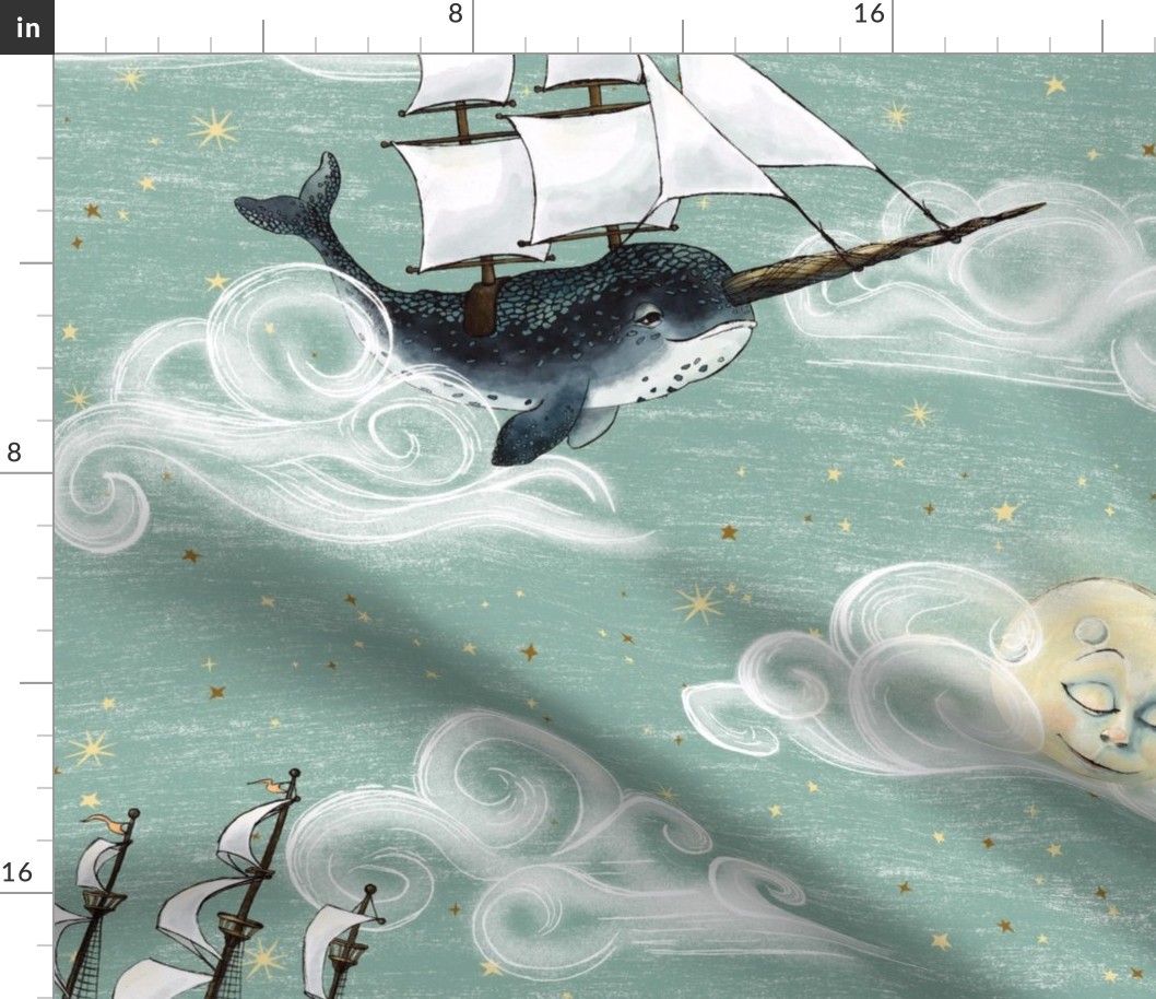 Large scale 12 inch Whales and Narwhal Whimsical Sky Wonderland, Under the Sea, nursery wallpaper,  baby boy, peacful gender neutral baby nursery nautical