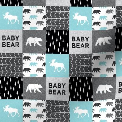 (1.5" small scale) Baby Bear Woodland Patchwork - bear and moose - grey, black, teal C19BS