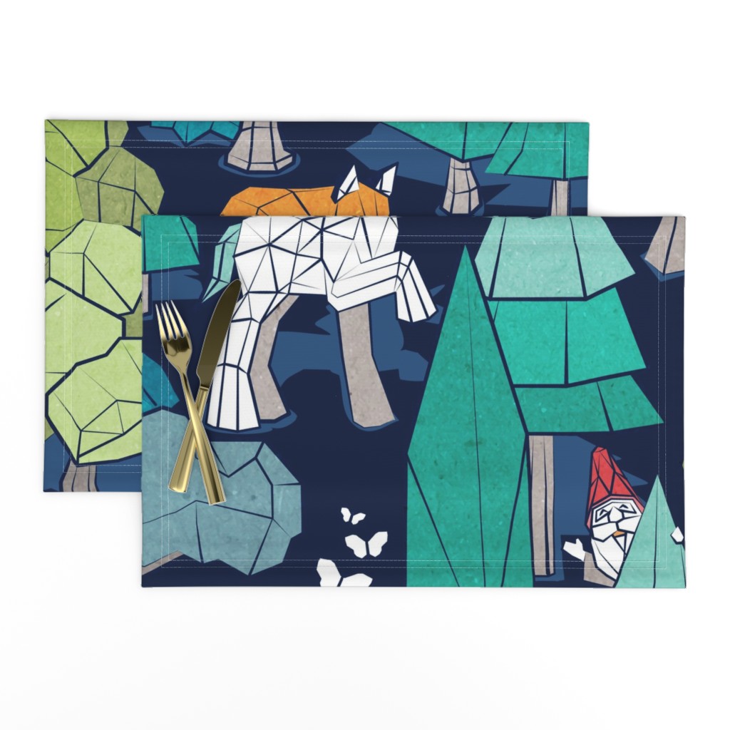 Large jumbo scale // Geometric whimsical wonderland // navy blue background green forest with unicorns foxes gnomes and mushrooms 