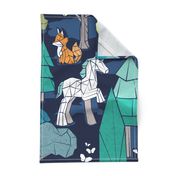 Large jumbo scale // Geometric whimsical wonderland // navy blue background green forest with unicorns foxes gnomes and mushrooms 