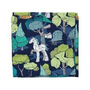 Large jumbo scale // Geometric whimsical wonderland // navy blue background green forest with unicorns foxes gnomes and mushrooms 