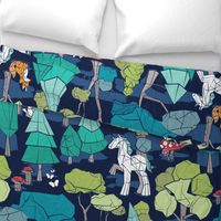 Large jumbo scale // Geometric whimsical wonderland // navy blue background green forest with unicorns foxes gnomes and mushrooms 