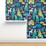 Large jumbo scale // Geometric whimsical wonderland // navy blue background green forest with unicorns foxes gnomes and mushrooms 