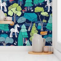 Large jumbo scale // Geometric whimsical wonderland // navy blue background green forest with unicorns foxes gnomes and mushrooms 