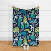 Large jumbo scale // Geometric whimsical wonderland // navy blue background green forest with unicorns foxes gnomes and mushrooms 