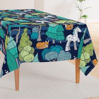 Large jumbo scale // Geometric whimsical wonderland // navy blue background green forest with unicorns foxes gnomes and mushrooms 