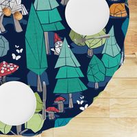 Large jumbo scale // Geometric whimsical wonderland // navy blue background green forest with unicorns foxes gnomes and mushrooms 