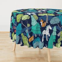 Large jumbo scale // Geometric whimsical wonderland // navy blue background green forest with unicorns foxes gnomes and mushrooms 
