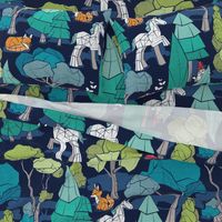 Large jumbo scale // Geometric whimsical wonderland // navy blue background green forest with unicorns foxes gnomes and mushrooms 