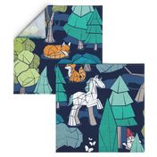 Large jumbo scale // Geometric whimsical wonderland // navy blue background green forest with unicorns foxes gnomes and mushrooms 