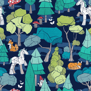 Large jumbo scale // Geometric whimsical wonderland // navy blue background green forest with unicorns foxes gnomes and mushrooms 