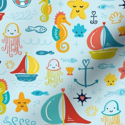 Under the Sea Wonderland with Cute Creatures, Sweet Seashells, Silly Jellyfish, and Sleepy Seahorses // © ZirkusDesign  Nautical Theme Wallpaper for Children, Baby, and Beach Lovers // Sailboat, Ocean, Fish, Anchor, Shells, Waves, Starfish, Bubbles, Beach