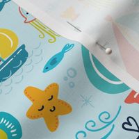 Under the Sea Wonderland with Cute Creatures, Sweet Seashells, Silly Jellyfish, and Sleepy Seahorses // © ZirkusDesign  Nautical Theme Wallpaper for Children, Baby, and Beach Lovers // Sailboat, Ocean, Fish, Anchor, Shells, Waves, Starfish, Bubbles, Beach