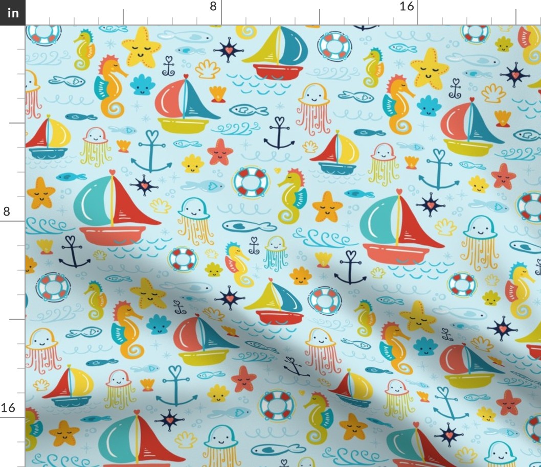 Under the Sea Wonderland with Cute Creatures, Sweet Seashells, Silly Jellyfish, and Sleepy Seahorses // © ZirkusDesign  Nautical Theme Wallpaper for Children, Baby, and Beach Lovers // Sailboat, Ocean, Fish, Anchor, Shells, Waves, Starfish, Bubbles, Beach