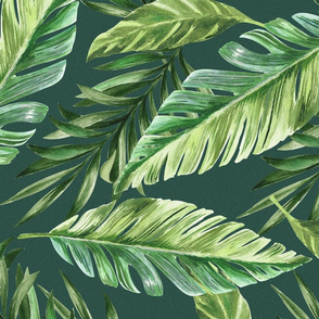 Green color seamless pattern with hand drawn watercolor palm tree leaves