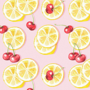 Cherry lemonade - seamless pattern with watercolor illustrations of cherry and lemons