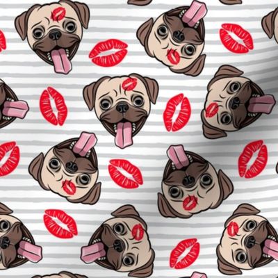 Pugs and kisses - grey stripes - Cute pug valentines day - LAD19