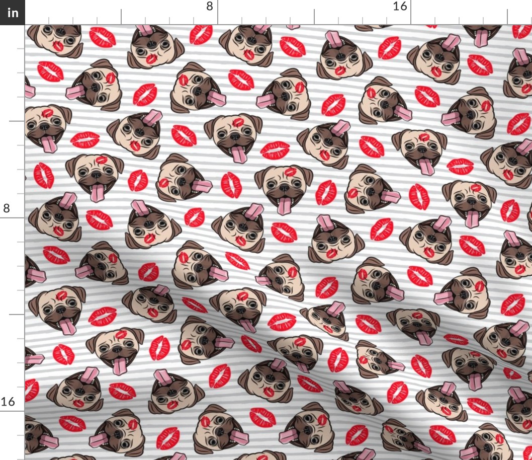 Pugs and kisses - grey stripes - Cute pug valentines day - LAD19